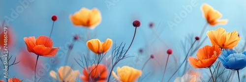 orange and yellow poppies on blurred blue background. Spring vibes concept.
