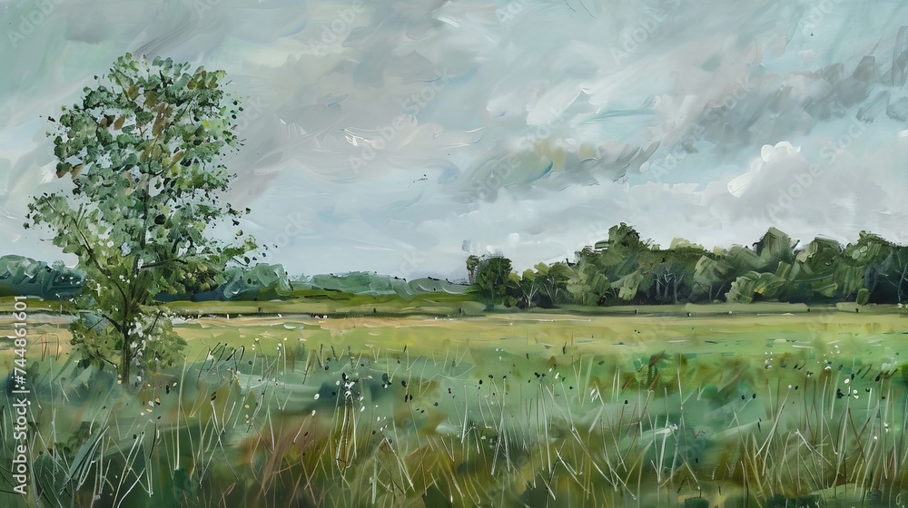a painting of a field of grass and trees