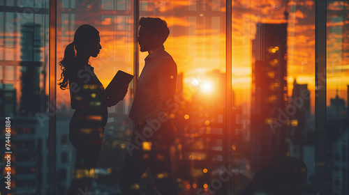 Silhouettes of business people meeting against a sunset cityscape