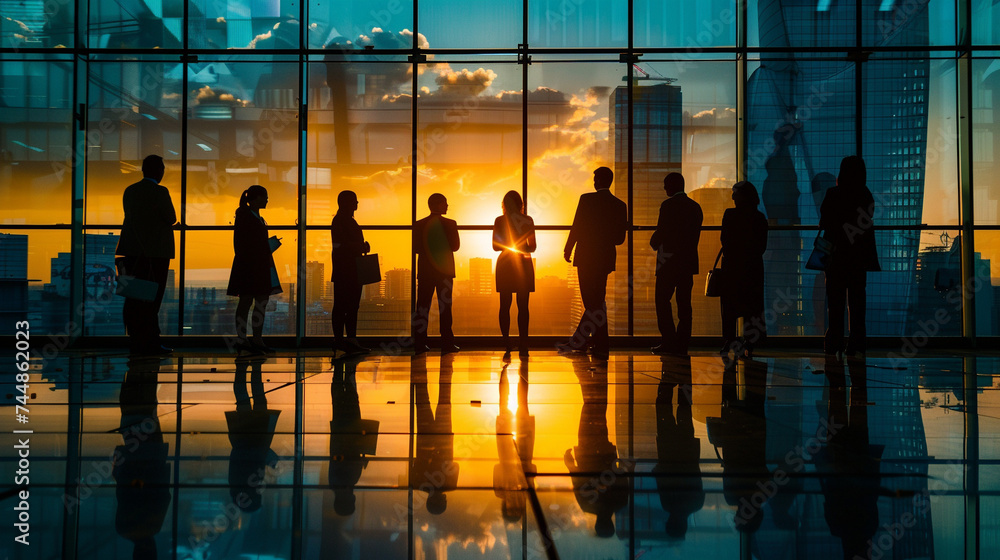 Silhouettes of business people at sunset in a highrise