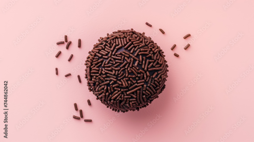 Brigadeiro made by dark chocolate and covered by chocolate sprinkles. Traditional brazilian sweet, top view and soft pink background. Brigadeiro made by dark chocolate and covered by chocolate sprinkles. Traditional brazilian sweet, top view and soft pink background.