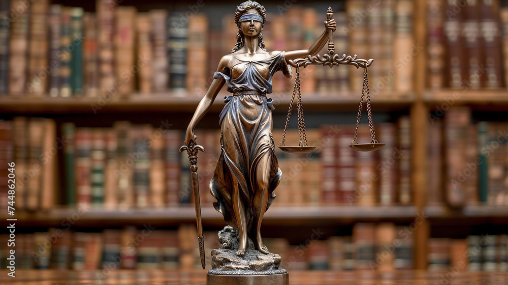 Statue of Justice in a law library setting Statue of Justice in a law library setting