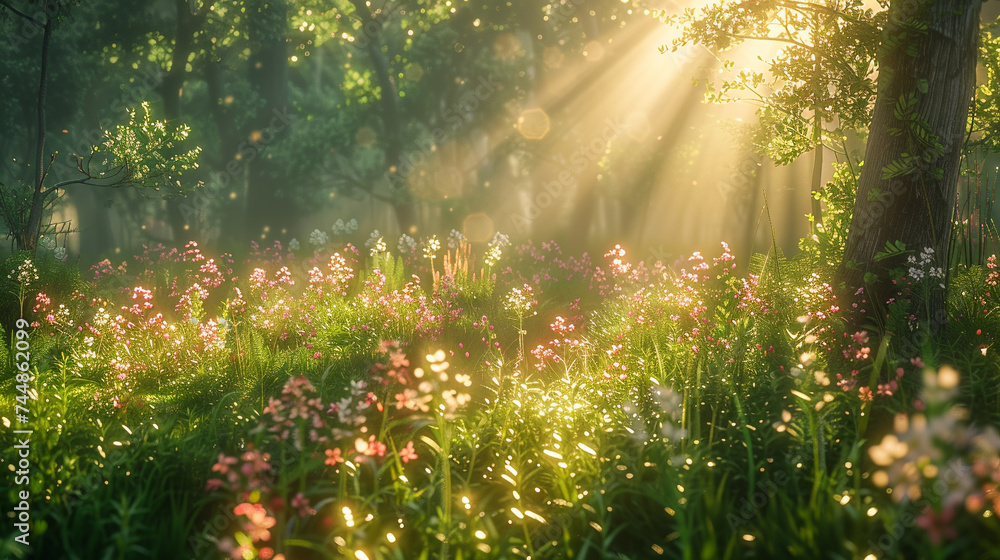 Sunbeams piercing through a vibrant forest scene