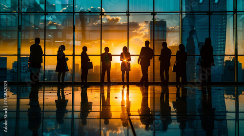 Silhouettes of business people at sunset in a highrise