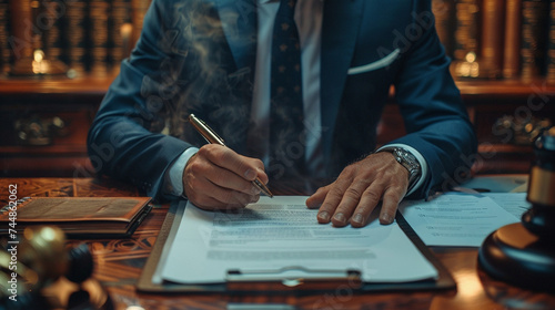 Businessman signing a contract with a cigar