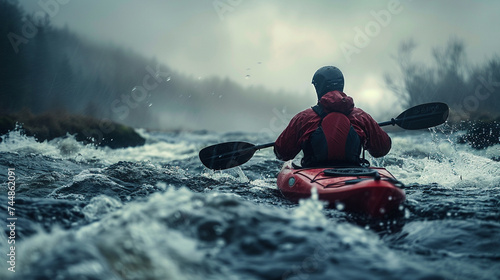 Kayaker navigating rough river waters in wilderness