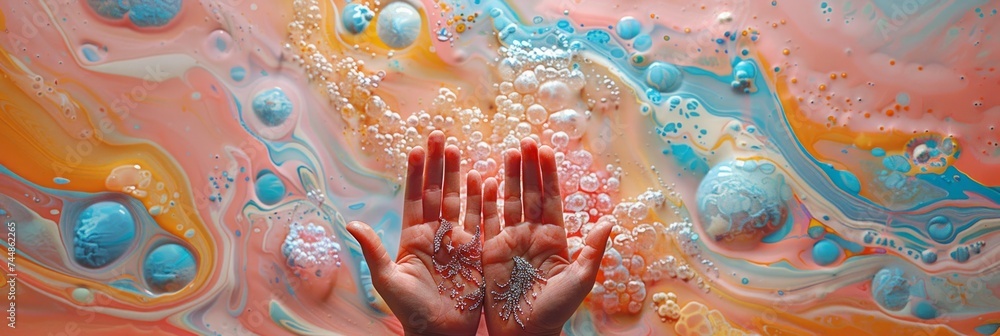 close up of hands in front of blue, pink and orange paint with bubbles