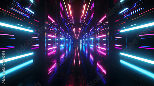 Futuristic room with neon laser lines background illustration in cyberpunk style.
