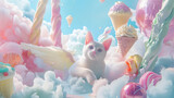 Pastel paradise with a retro twist, cat with wings exploring amid levitating sweets and ice cream clouds