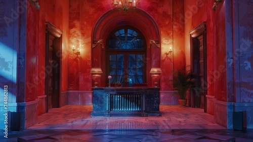 a red room with a marble counter and a large window