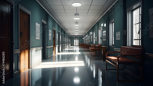 A spacious hospital corridor with benches, imbuing the scene with a harmonious balance of geometric shapes and bold colors, seamlessly integrating modern rendering techniques with classical inspiratio