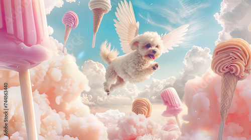 Dreamy pastel skies, a winged dog on an adventure through floating retro candies and ice creams photo