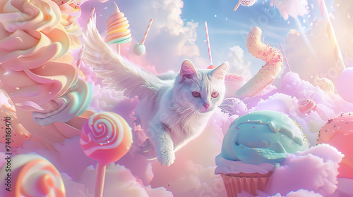 Dreamlike retro pastel scene, a winged cat meanders through floating ice creams and candy, enchanting aura