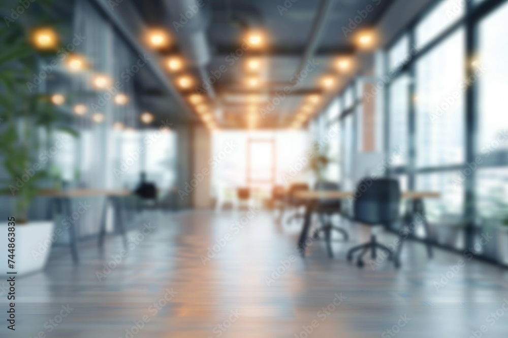 Defocused background of modern office interior, empty open space for design Defocused background of modern office interior, empty open space for design