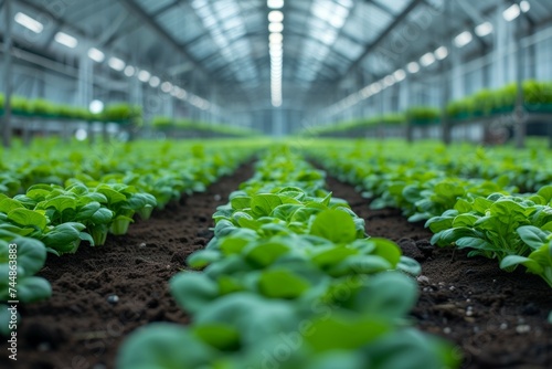Farm greenhouse, interior view. Background with selective focus and copy space