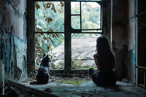 a woman and a cat looking out a window