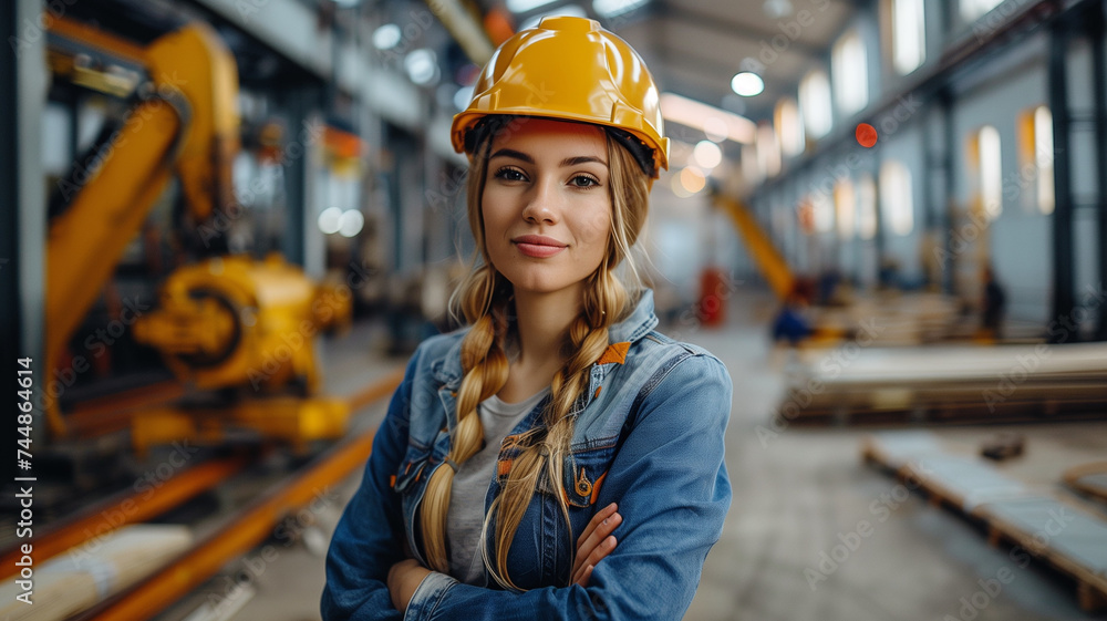 young female engineer in a production workshop, dressed in a protective helmet and clothing young female engineer in a production workshop, dressed in a protective helmet and clothing