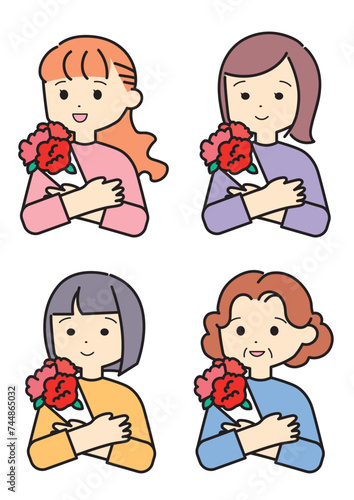 母の日　カーネーションの花束を持つお母さんセット
