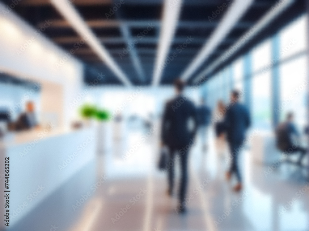Dynamic Office background: Blurred Motion of People in Bright Business Workplace. generative AI