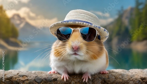 A hamster with sunglasses and a hat for summer