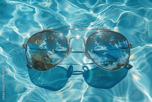 trendy sunglasses on swimming pool water background. Summer vibes concept. © Miss V