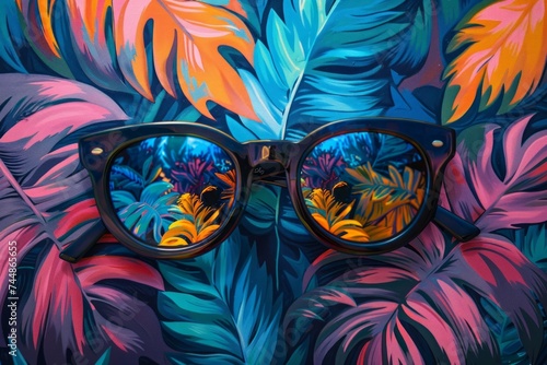black sunglasses on colorful background made of palm leaves. Exotic holidays vibes