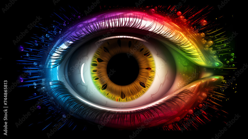 Human eye animation concept with rainbow membrane, rainbow lines after flash spreading out from bright white circles Human eye animation concept with rainbow membrane, rainbow lines after flash spreading out from bright white circles