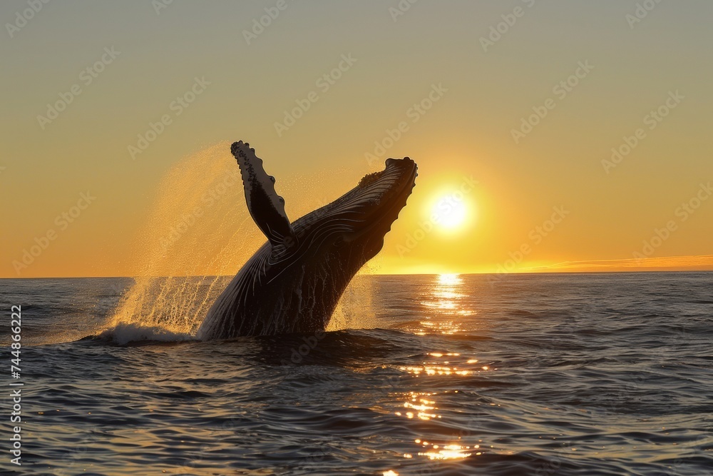 Fototapeta premium Humpback Whale Breaching at Sunset on Ocean Horizon