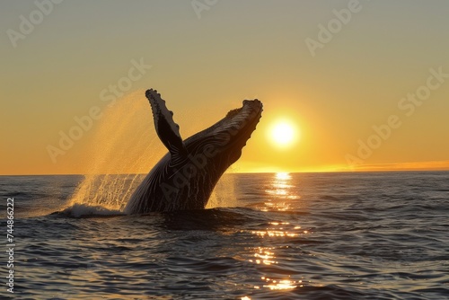 Humpback Whale Breaching at Sunset on Ocean Horizon © Karl