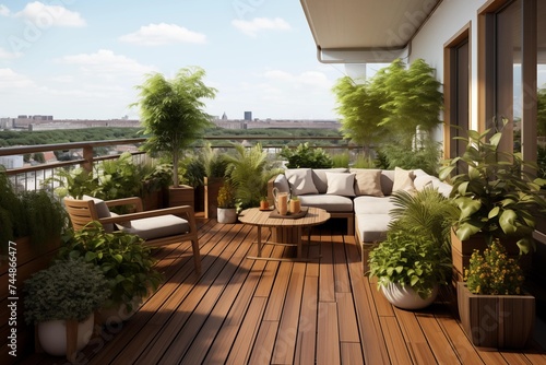 A cozy balcony adorned with lush plants and stylish furniture, perfect for relaxing outdoors.