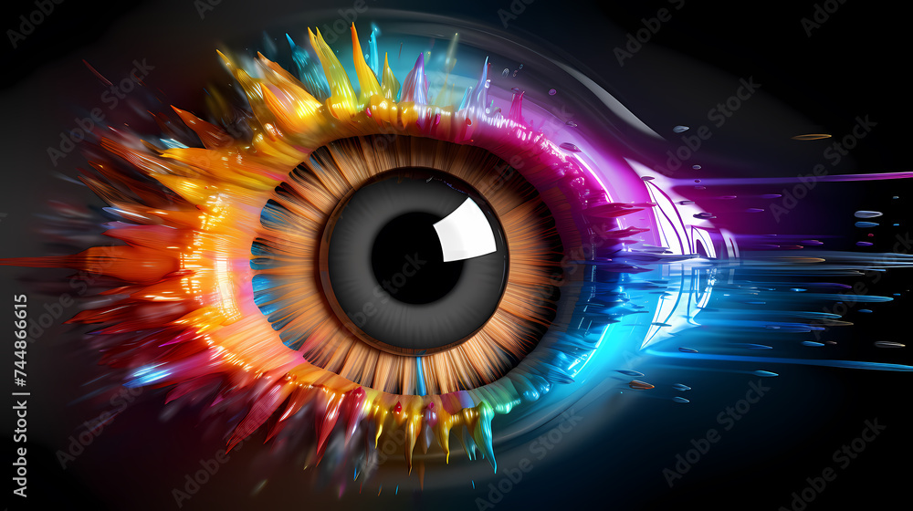 Human eye animation concept with rainbow membrane, rainbow lines after flash spreading out from bright white circles Human eye animation concept with rainbow membrane, rainbow lines after flash spreading out from bright white circles