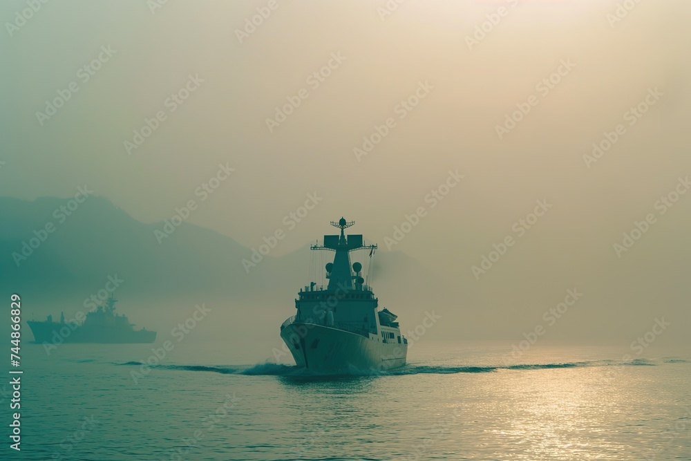 A large modern Chinese warship navigating in the middle of the sea during daylight.