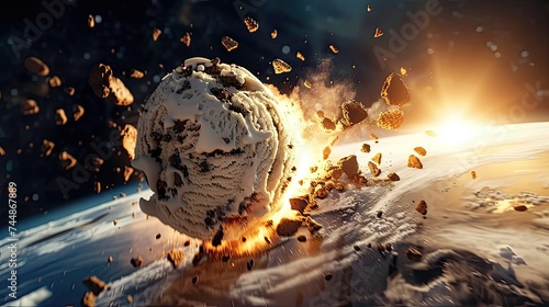 Classic comic book meteorite ice cream adventure, vanilla choc chip, melting upon Earth impact, full cosmic view photo