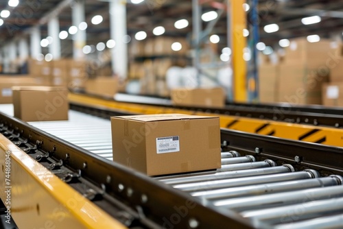 Closeup of multiple cardboard box packages seamlessly moving along a conveyor belt in a warehouse fulfillment center, a snapshot of e-commerce, delivery, automation and products