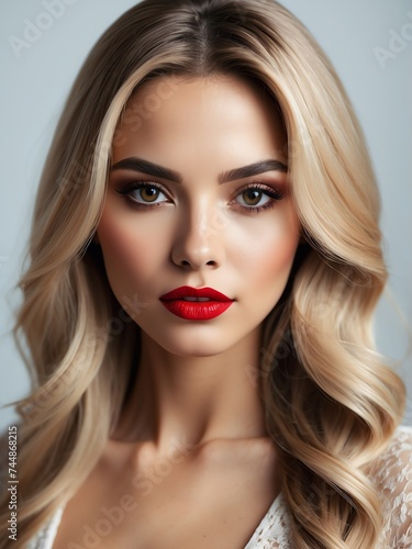 Beautiful portrait of sensual hispanic woman with bright red lips and long straight blonde hair for make up cosmetics and skin care ad from Generative AI
