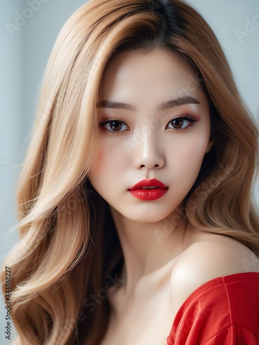 Beautiful portrait of sensual korean woman with bright red lips and long straight blonde hair for make up cosmetics and skin car from Generative AI