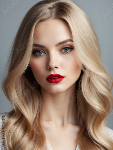 Beautiful portrait of sensual woman with bright red lips and long straight blonde hair for make up cosmetics and skin care ad from Generative AI
