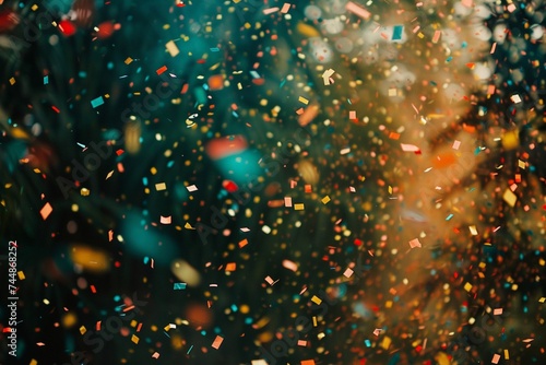 Colorful confetti rains down, adding excitement to the celebratory occasion with copy space