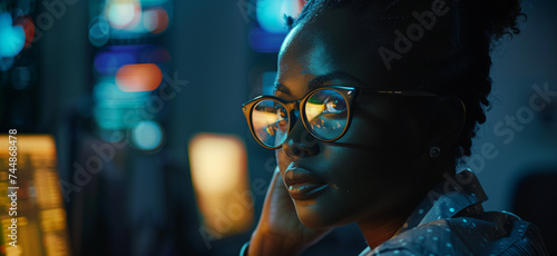 Side profile of black female IT developer working on computer in dark office, created with Generative AI. African american cyber security analyst detecting artificial intelligence threats