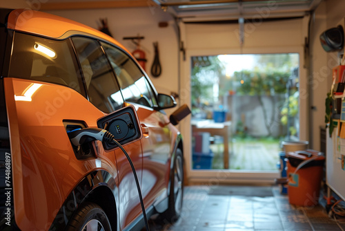 Electric vehicle charging in the garage of a suburban house