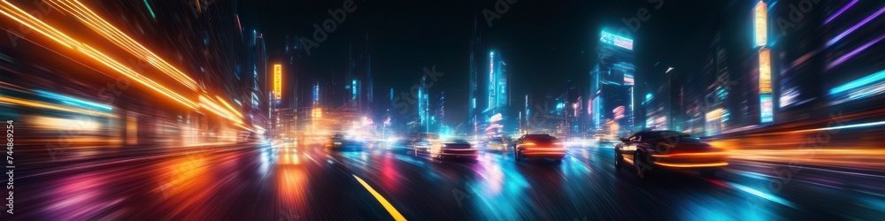 Abstract colorful colorful illustration of night city street, background with motion blurred lights in orange tones for social media banner, website and for your design, space for text