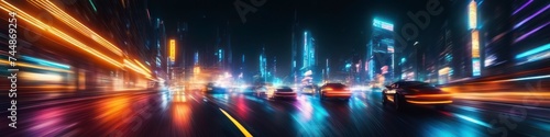 Abstract colorful colorful illustration of night city street, background with motion blurred lights in orange tones for social media banner, website and for your design, space for text
