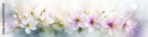 Abstract colorful colorful blurred illustration of blooming spring branch on blurred background bokeh for social media banner, website and for your design, space for text.