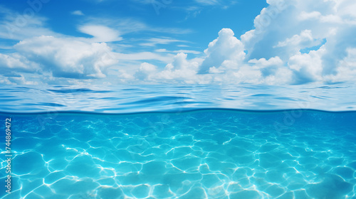 Blue ocean surface seen from underwater, sea water with sunny and cloudy sky. Abstract blue background. Water with sunbeams. photo