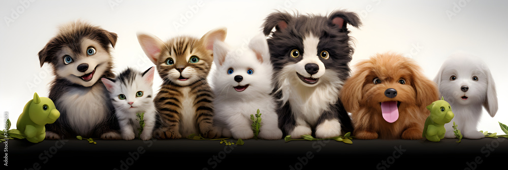 A Collection of Endearing Animals: Fluffy Bunny, Happy Puppy, and Curious Kitten in their Natural Habitats