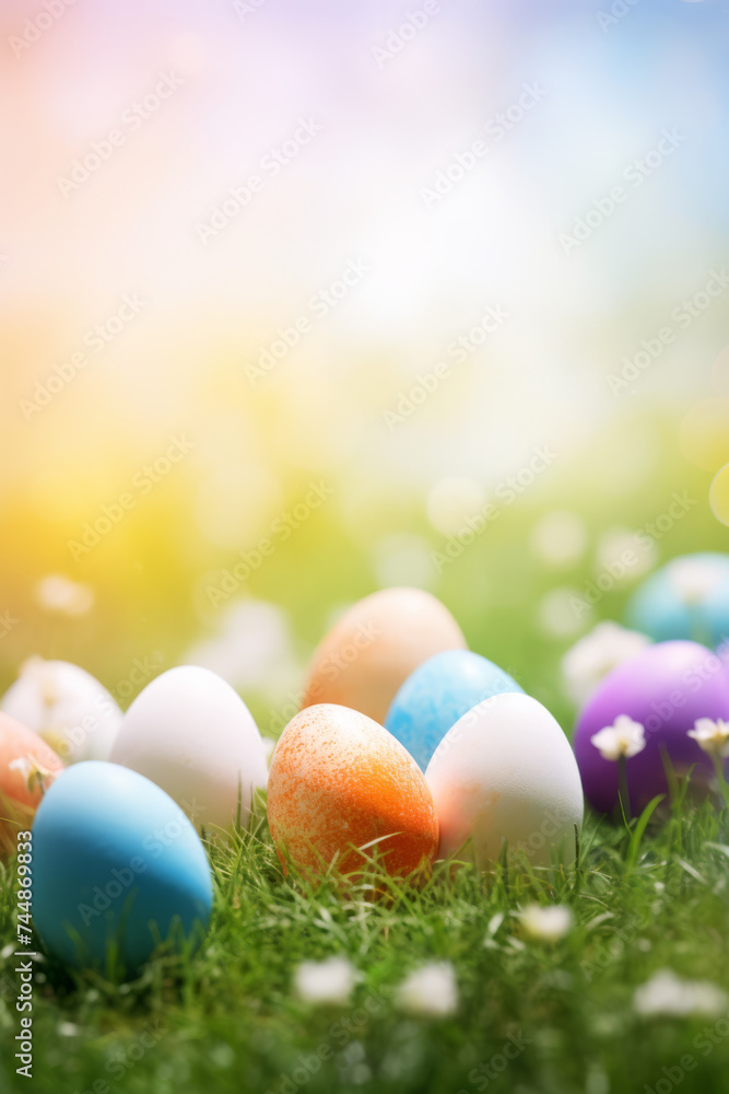 Colorful hand painted Easter eggs on the grass Colorful hand painted Easter eggs on the grass