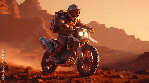 A fully equipped astronaut rides a motorbike across a Mars-like landscape. The scene depicts a solitary journey, blending science fiction with adventure.