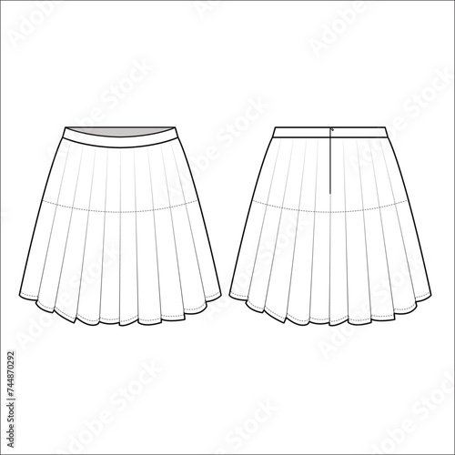 Skirt flat sketch for girls. Skirt technical drawing. Girls Short Skirt fashion flat sketch template. Technical Fashion Illustration