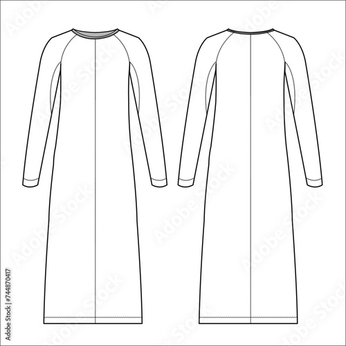 Women's long sleeve round neck maxi dress flat sketch vector illustration technical cad drawing template