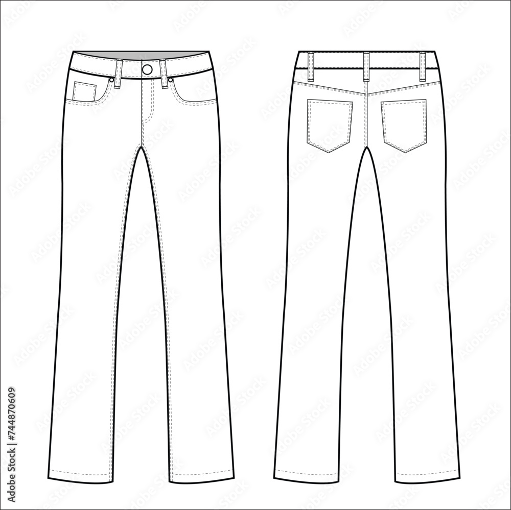 Women Flare denim jeans trouser pants front and back view flat sketch fashion illustration, Oversize mom jeans five pockets jeans denim pants cad drawing vector template Women Flare denim jeans trouser pants front and back view flat sketch fashion illustration, Oversize mom jeans five pockets jeans denim pants cad drawing vector template